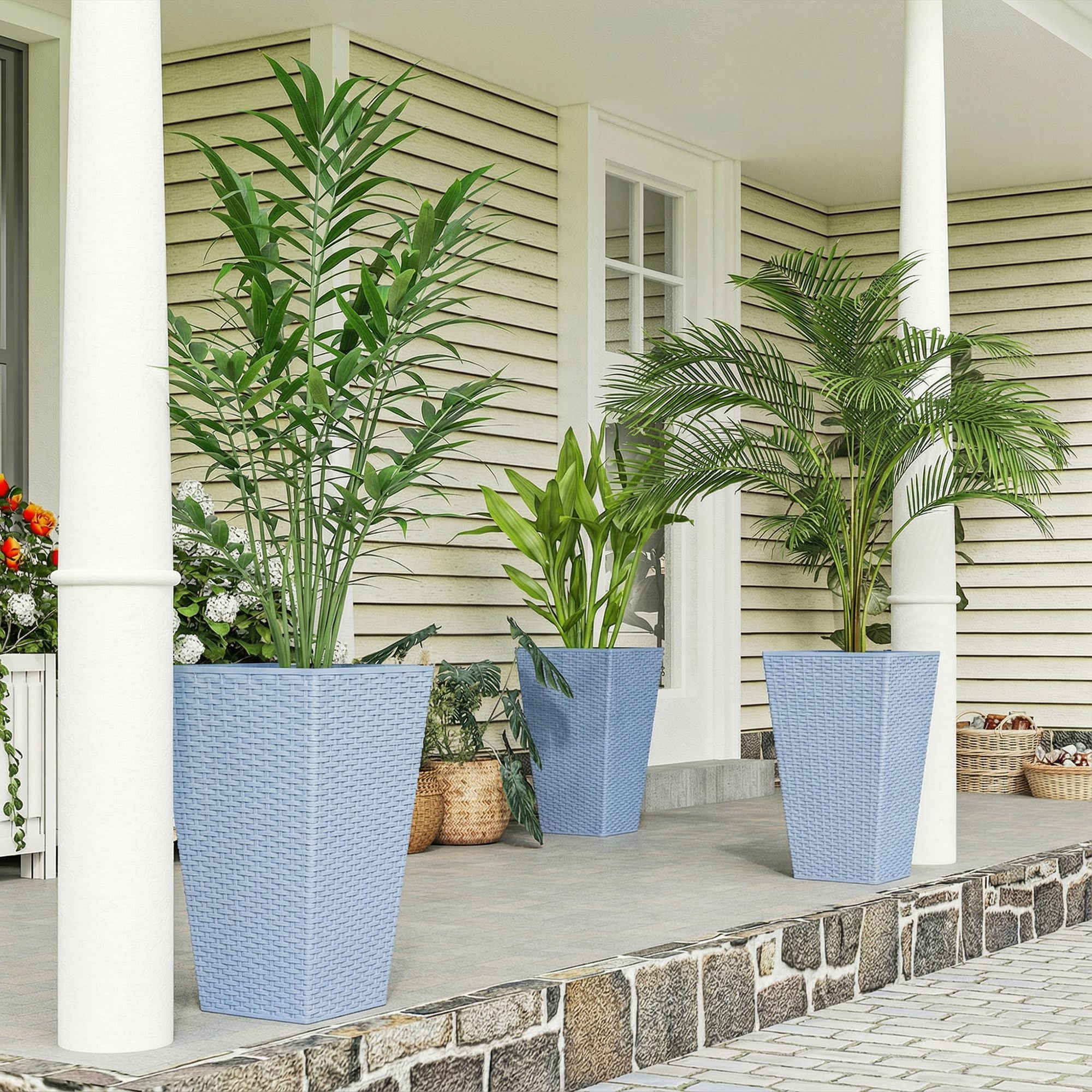 Outsunny Set of 3 Tall Planters with Drainage Holes, Outdoor & Indoor  Flower Pot Set for Front Door, Entryway, Patio and Deck, Light Gray -  Walmart.com