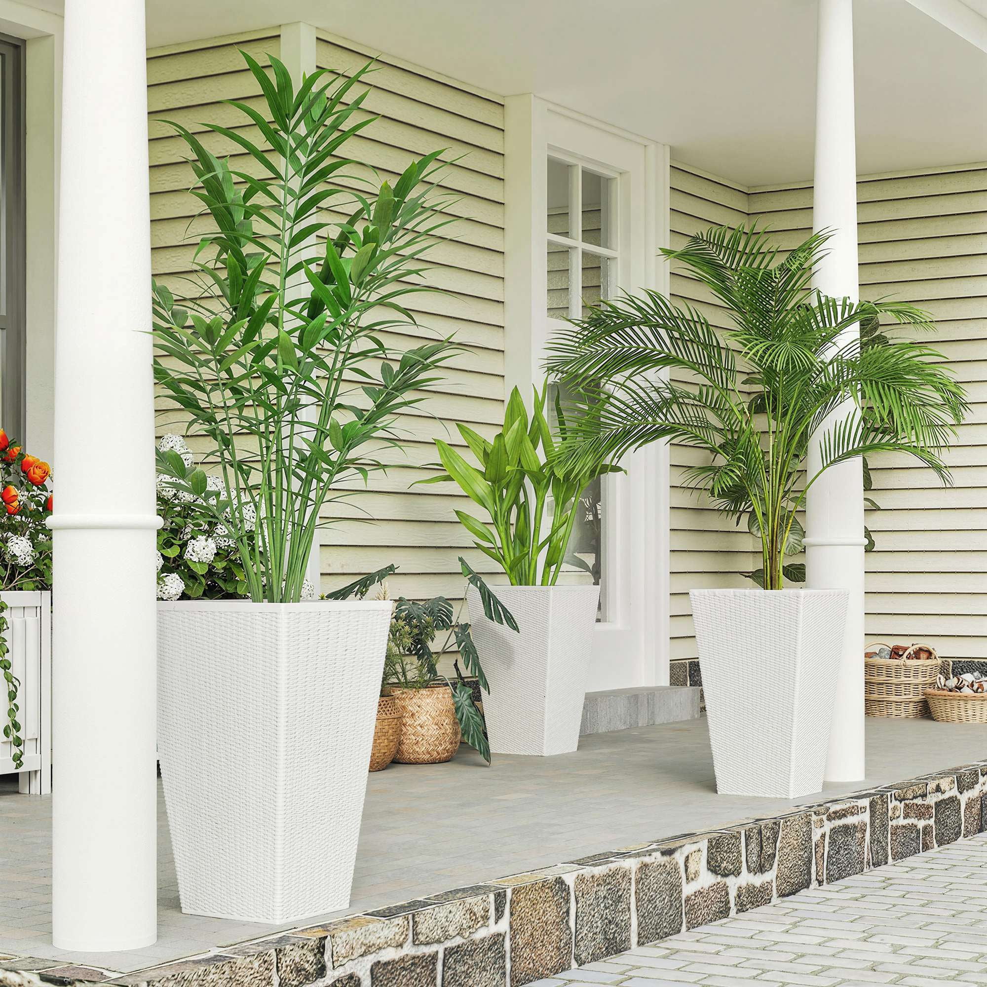 Outsunny Set of 3 Tall Planters with Drainage Holes, Outdoor & Indoor Flower  Pot Set for Front Door, Entryway, Patio and Deck, Light Gray - Walmart.com