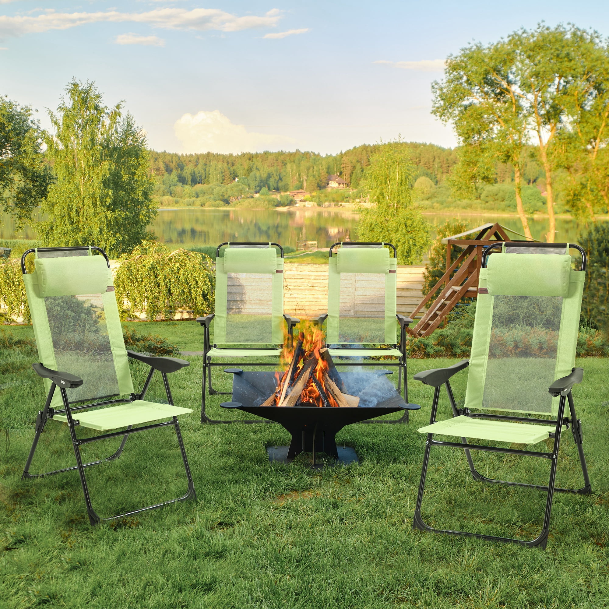 Outsunny Set of 4 Folding Patio Chairs, Camping Chairs with Adjustable Sling Back, Removable Headrest, Armrest for Garden, Backyard, Lawn, Green