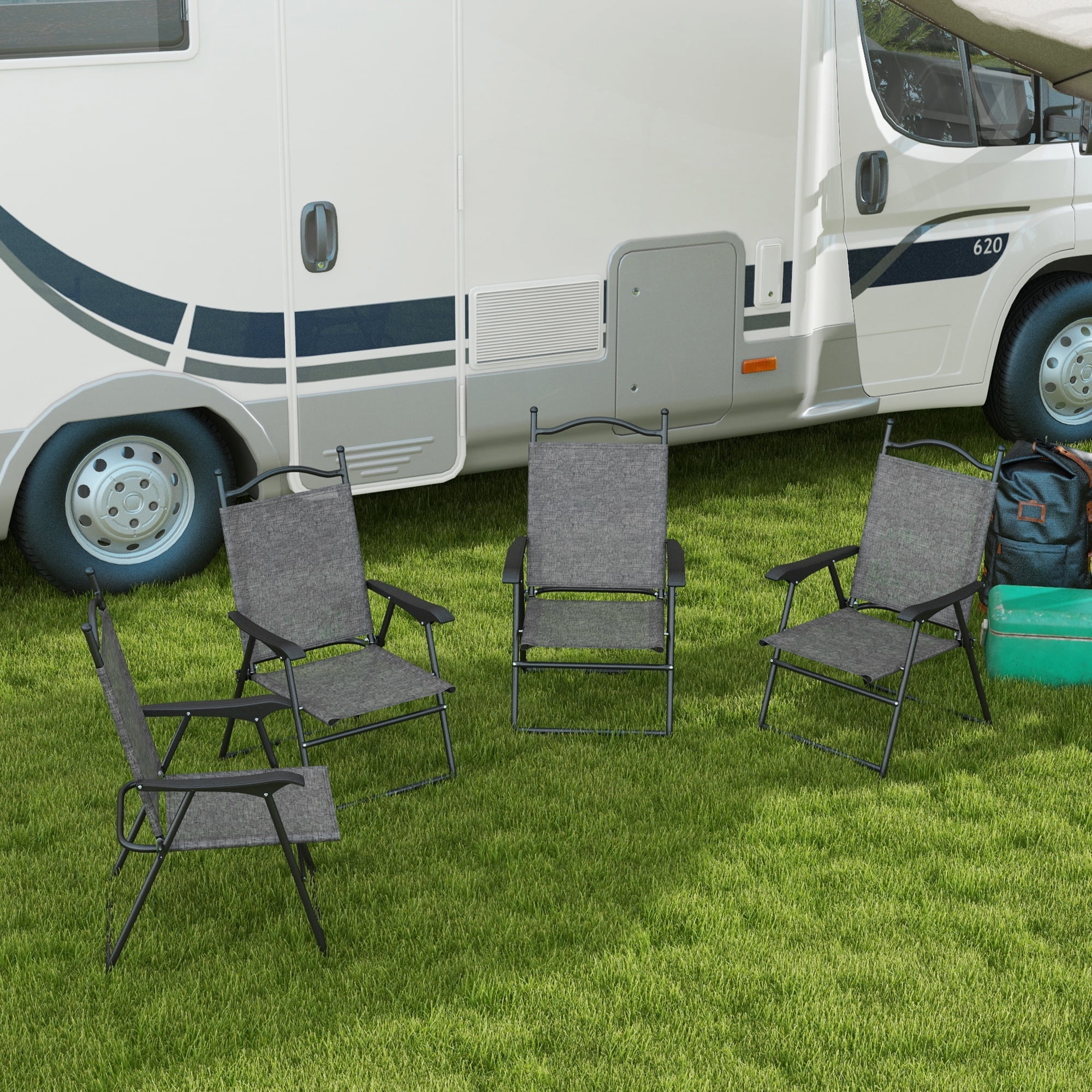 Outsunny Set of 4 Folding Patio Chairs with Armrest, Mesh Fabric, Gray - Walmart.com