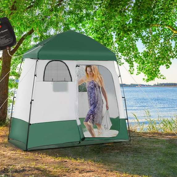 Outsunny Shower Tent, Pop Up Privacy Shelter for Camping, Dressing Changing Room w/ 2 Rooms, Shower Bag, Floor and Carrying Bag, Green