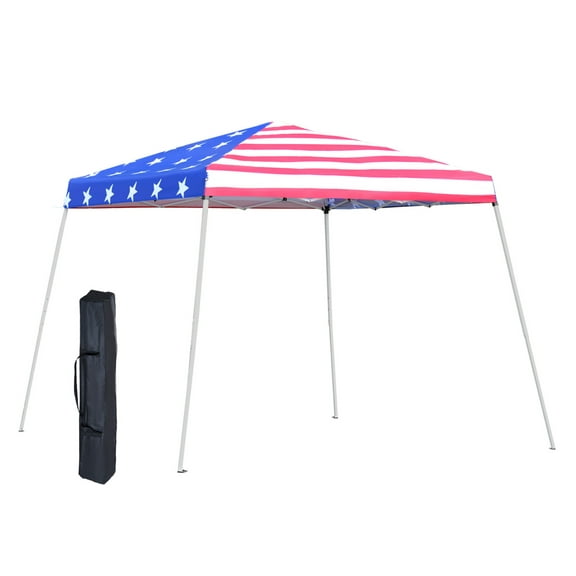 Outsunny Slant Leg Pop Up Canopy Tent with American Flag Roof and Carry Bag, Beach Canopy Instant Sun Shelter, Height Adjustable, (10'x10' Base / 8'x8' Top)
