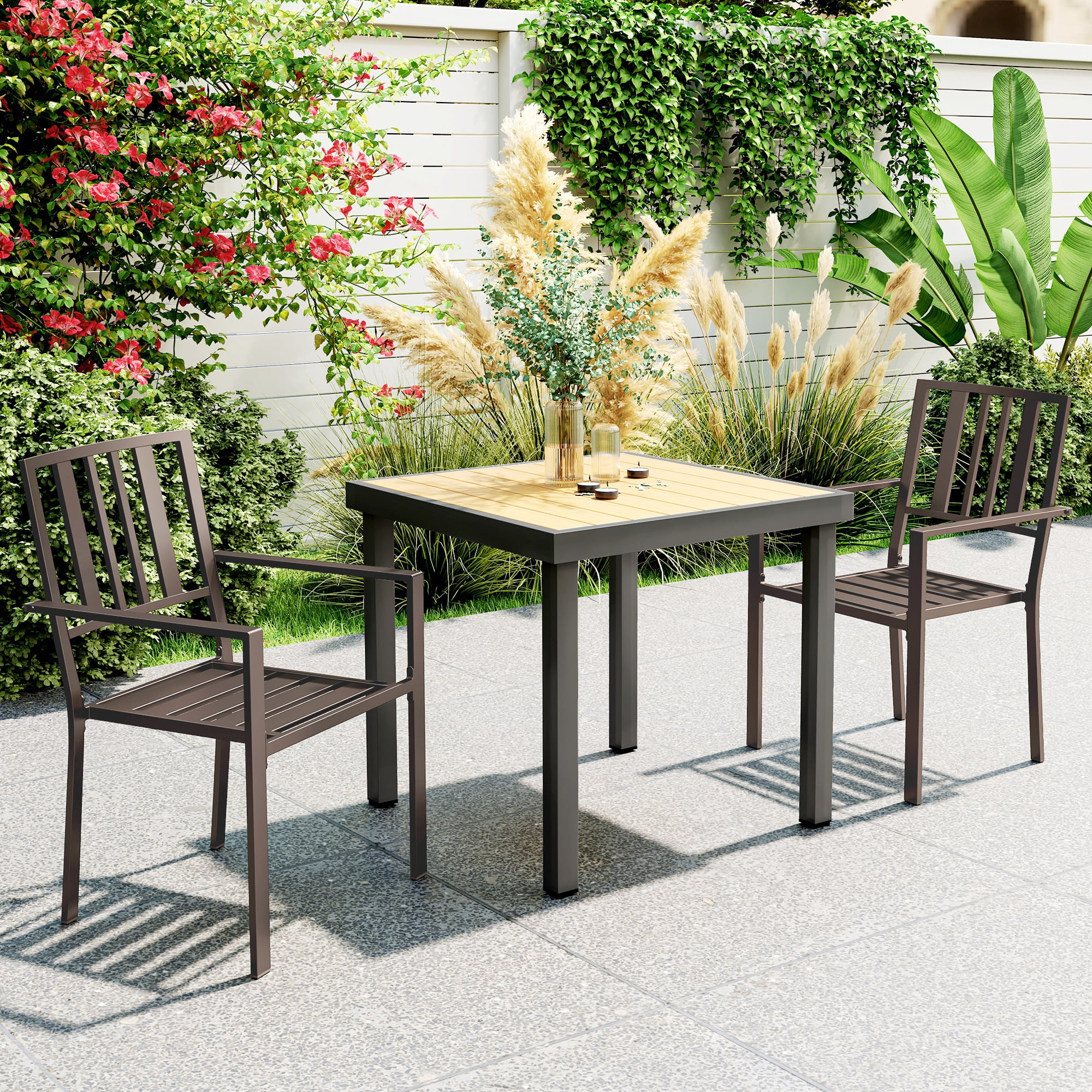 Outsunny Slatted Design Patio Dining Chairs, Set of 2 Stackable Garden Chairs, Dark Brown