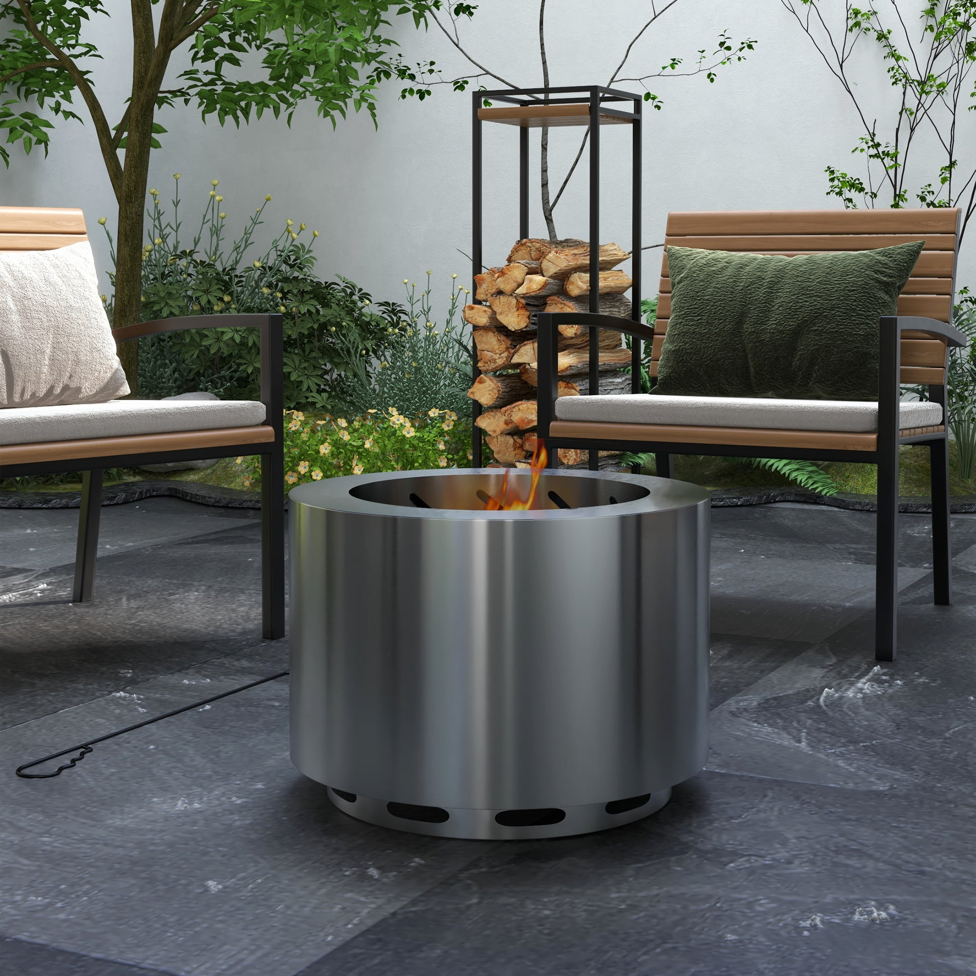 Silver Stainless Steel Smokeless Wood Burning Fire Pit with Poker