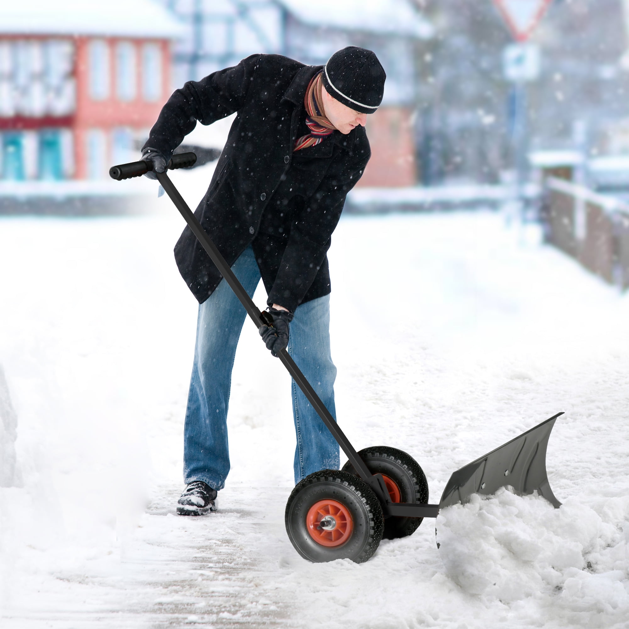 Outsunny Snow Shovel Rolling Pusher with 29 Blade 10 Wheels Angle Adjustable Handle Orange