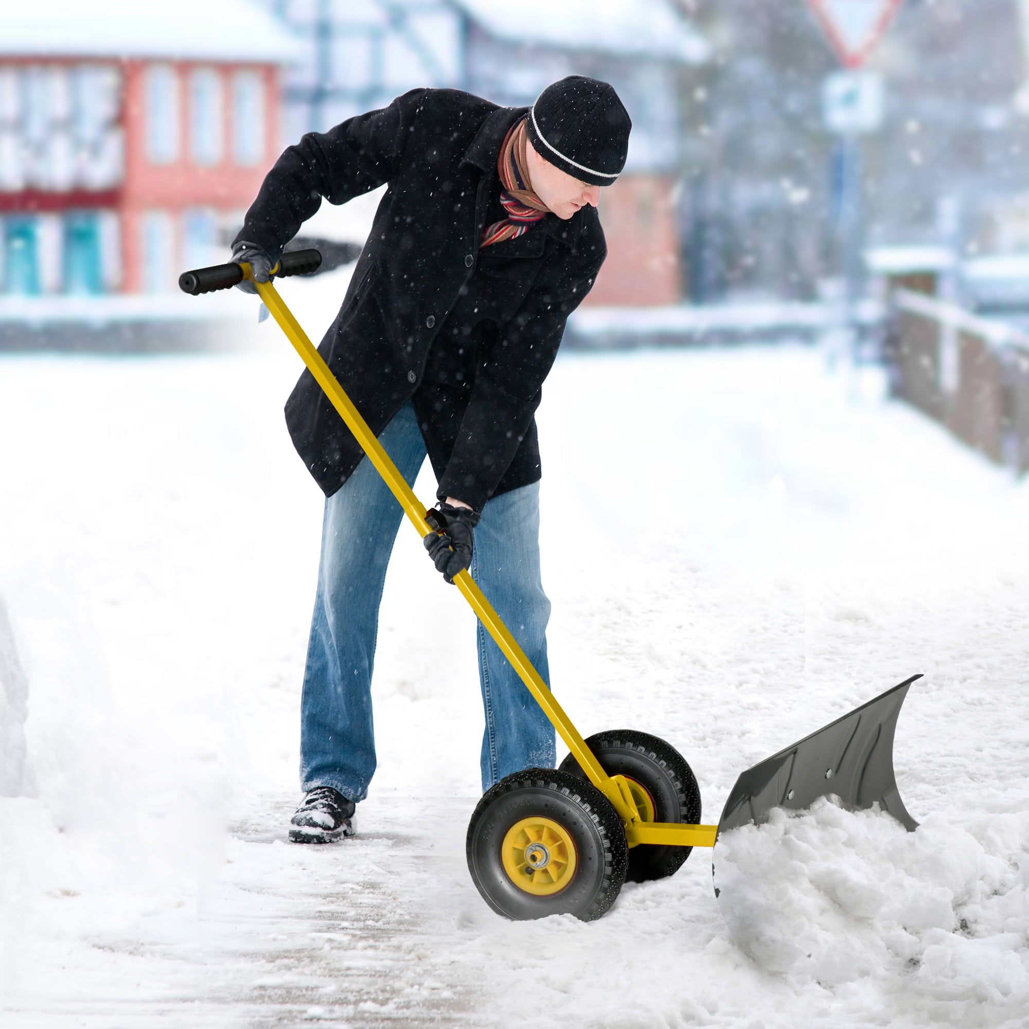 Outsunny Snow Shovel Rolling Pusher with 29 Blade 10 Wheels Angle Adjustable Handle Black