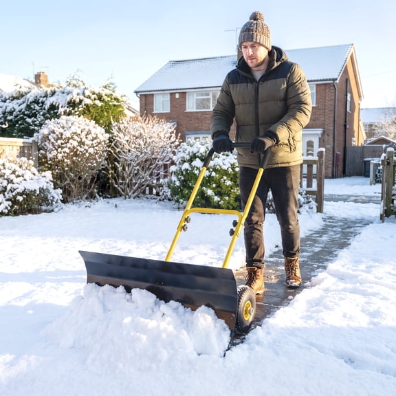 Outsunny Snow Shovel with Wheels, 29" x 16.5" Metal Snow Pusher with Adjustable Handle, 5-Angle Blade for Driveway, Sidewalks, Yellow