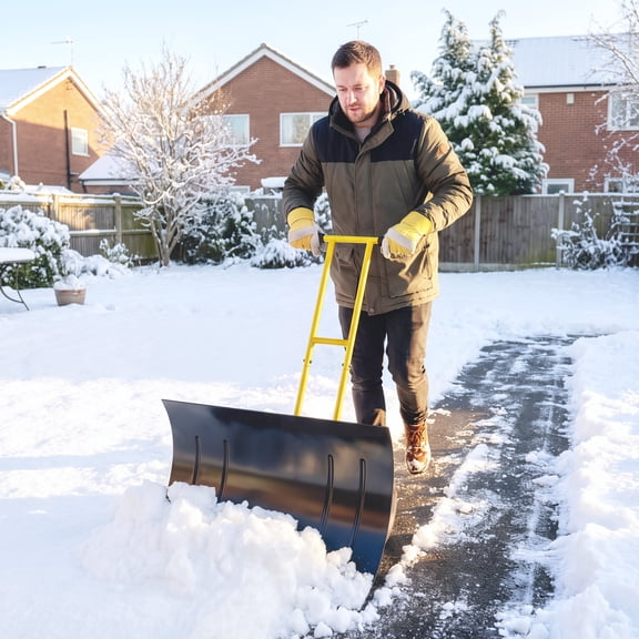 Outsunny Snow Shovel with Wheels, 29" x 18" Metal Snow Pusher with Adjustable Handle, 7-Angle Blade, Wear Strip for Driveway, Sidewalks, Yellow
