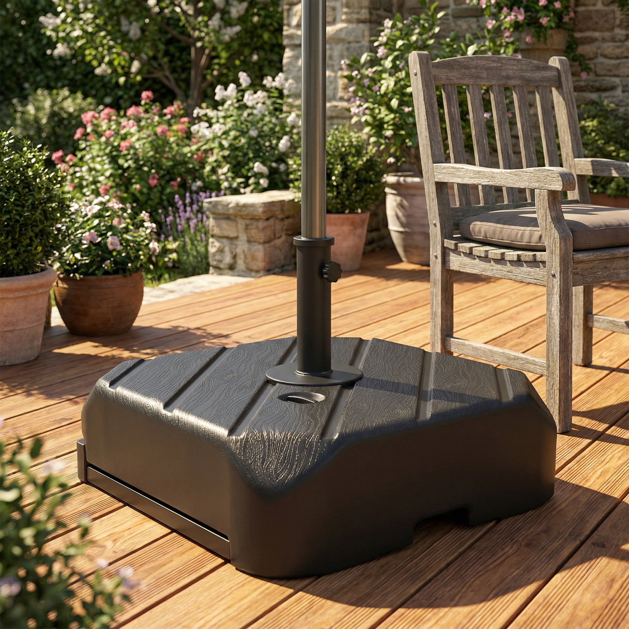 Outsunny Square Patio Umbrella Base with Wheels, Telescopic Handle, 158 lb Sand or 99 lb Water Filled Umbrella Stand Base for 1.5"/1.9" Poles, Black