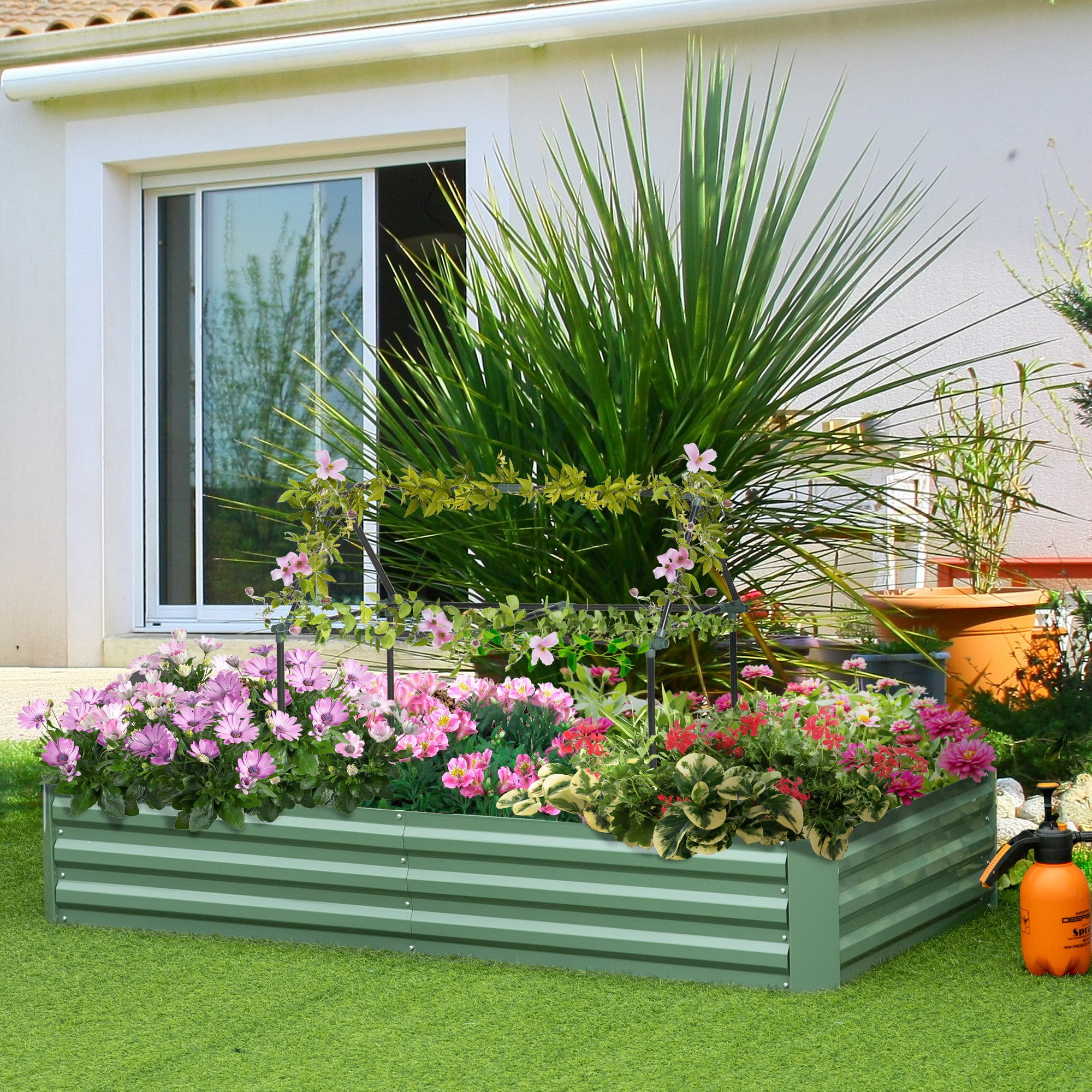 Green Galvanized Steel Raised Garden Bed with Trellis