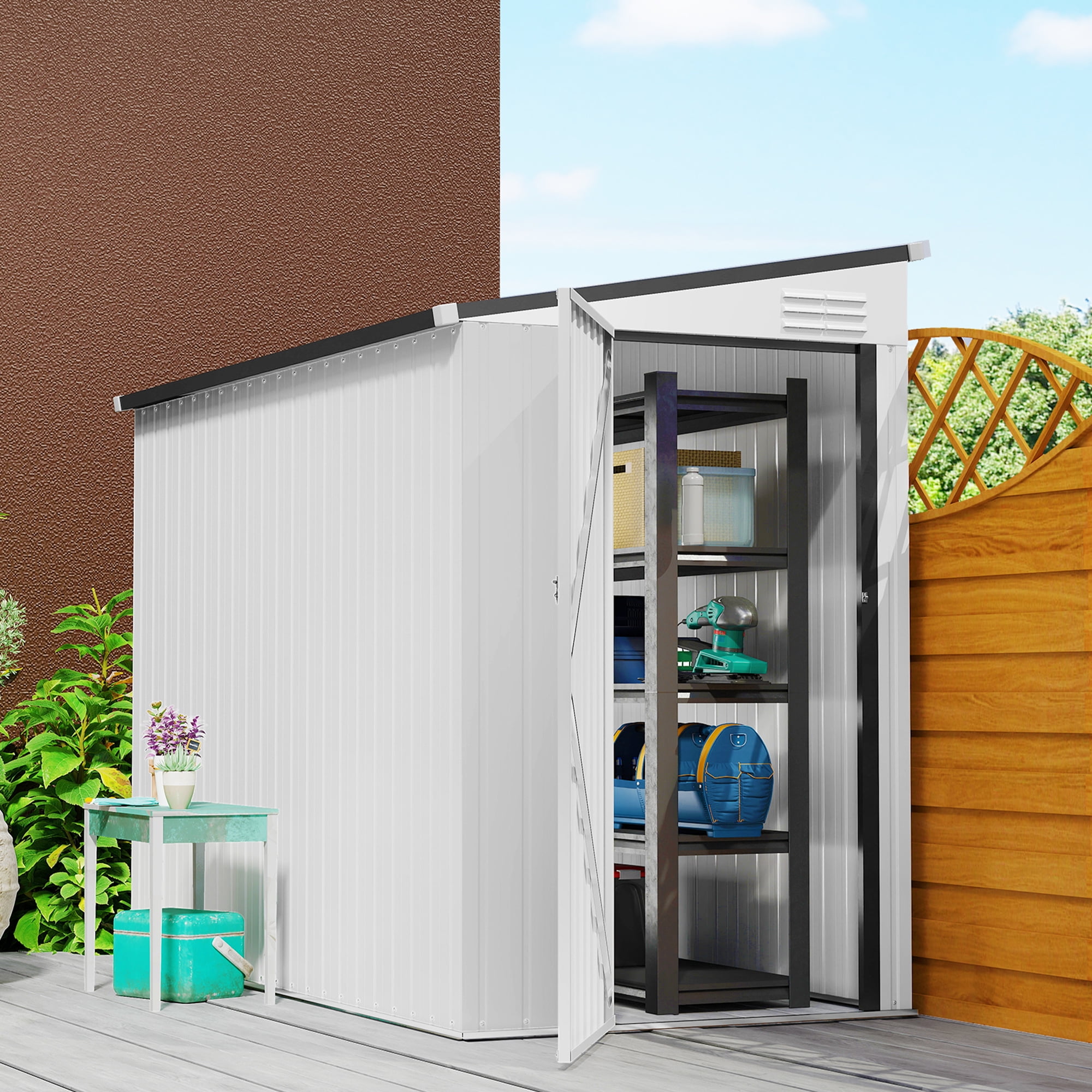 Outsunny Steel Storage Shed with Locking Door, 4'x7.7', White, Galvanized