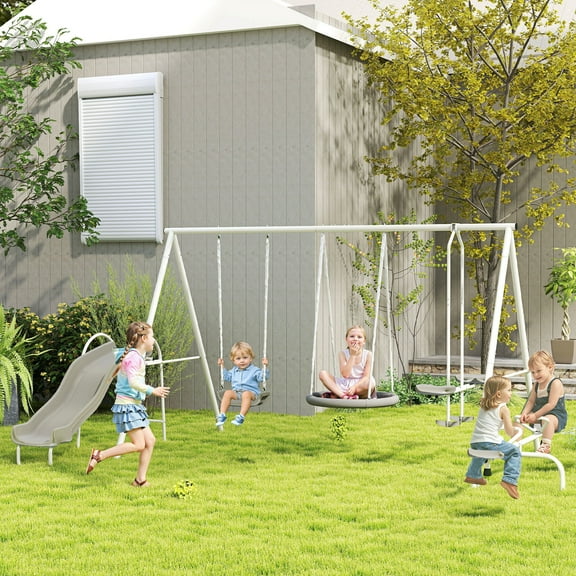 Outsunny Swing Set for Backyard, 5 in 1 Heavy-Duty Outdoor Playset for Kids with 29.5" Saucer Swing, Slide, Seesaw, Glider, Swing Seat, Gray