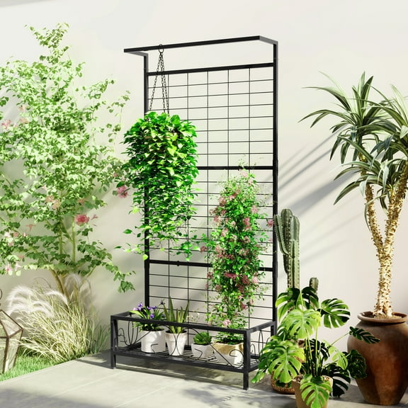 Outsunny Tall Metal Plant Stand with Trellis and Hanging Bar, Plant Holder for Indoor Outdoor Use, 36" x 12.8" x 74", Black