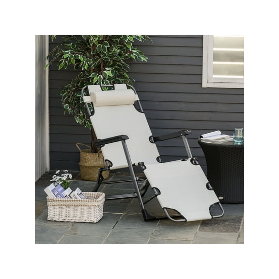 Outsunny Tanning Chair, 2-in-1 Beach Lounge Chair & Camping Chair w/ Pillow & Pocket, Adjustable Chaise for Sunbathing Outside, Patio, Poolside