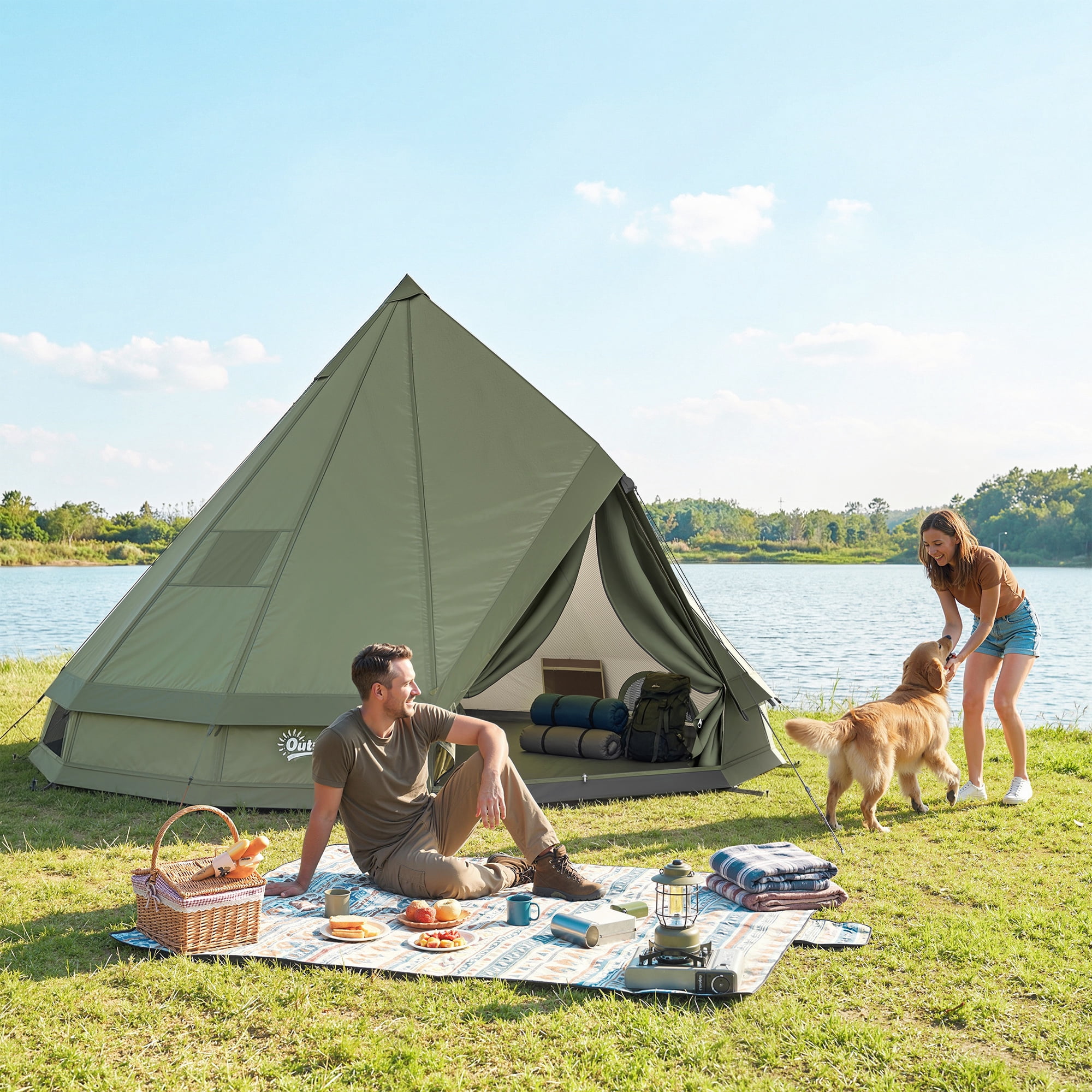 Outsunny Teepee Tent Waterproof Camping Tent with Stove Jack for 4-6 People for Outdoor Camping Hiking Army Green