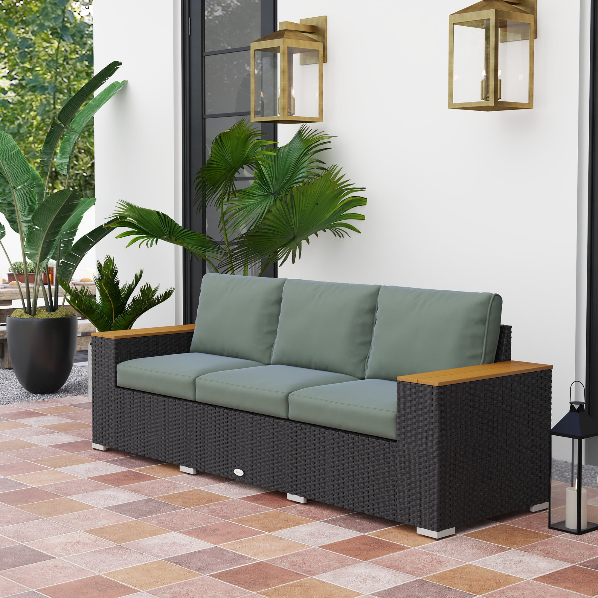 Outsunny Thick Cushioned 3-Seater Outdoor Sofa, Wood Grain Wide Armrests, Patio Couch, Dark Gray