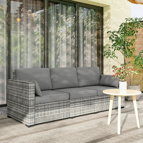 Outsunny Wicker Patio Couch, PE Rattan 3-Seat Sofa, Outdoor Furniture with Deep Seating, Cushions, Steel Frame, Gray