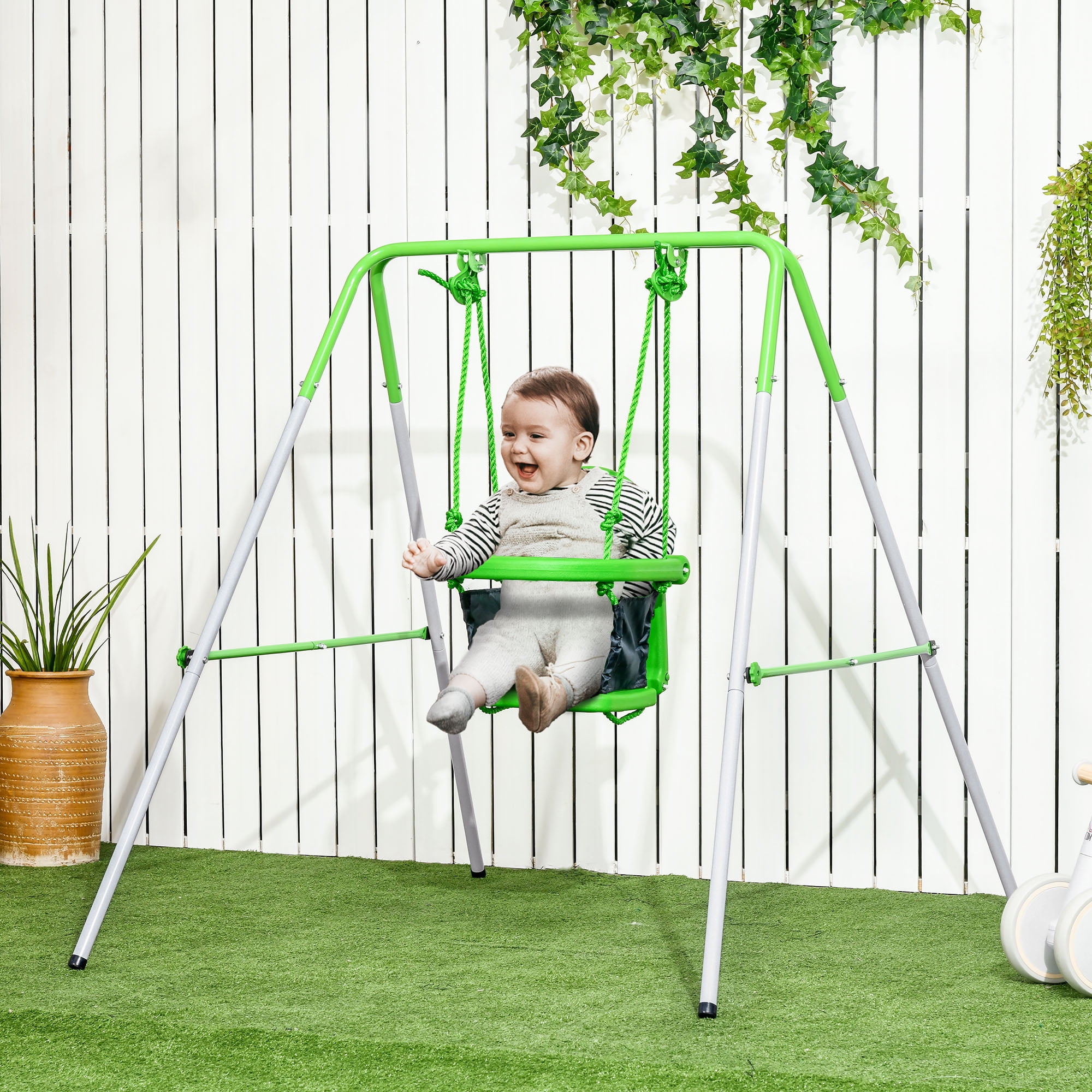 Outsunny Toddler Swing Set with Metal Stand, Safety Seat Belt, Baby Swing Set for Kids Aged 6-36 Months, Green