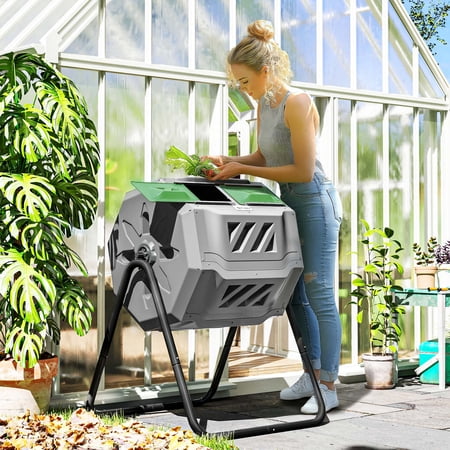 Outsunny Tumbling Compost Bin Outdoor 360° Dual Chamber Rotating Composter 43 Gallon, Light Gray