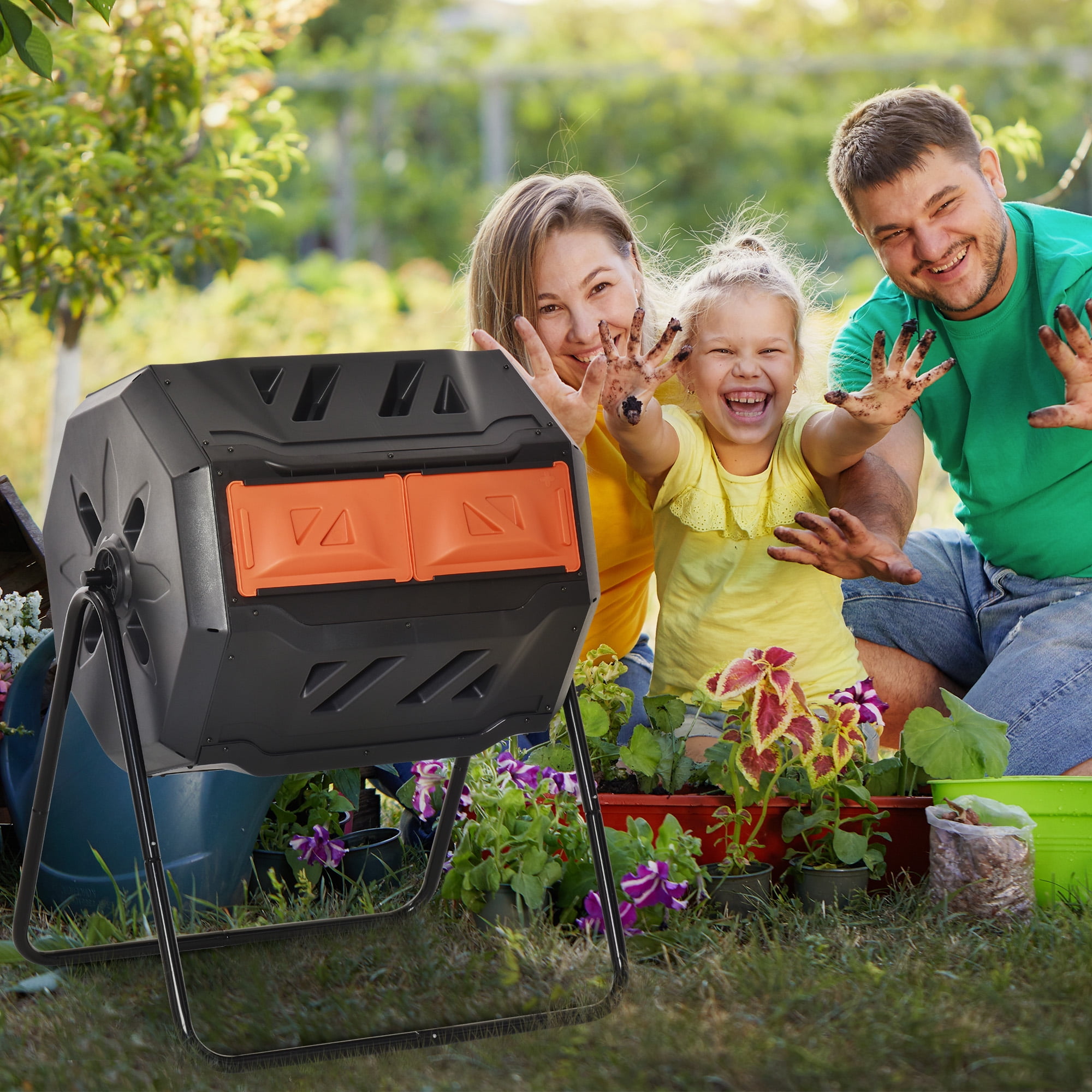 Orange Dual Chamber Rotating Outdoor Compost Bin, 43 Gallon