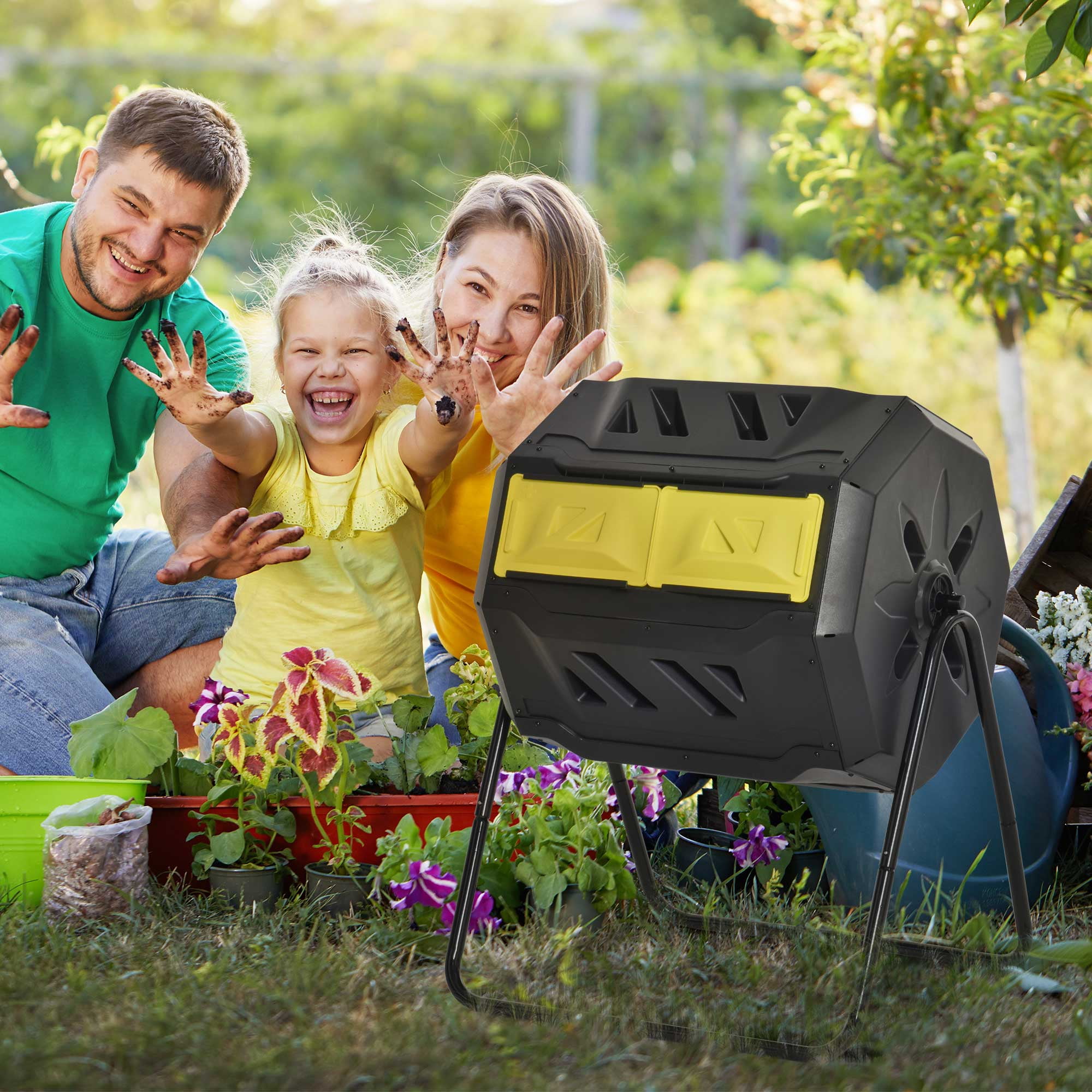 Yellow and Black 43 Gallon Dual Chamber Rotating Compost Bin
