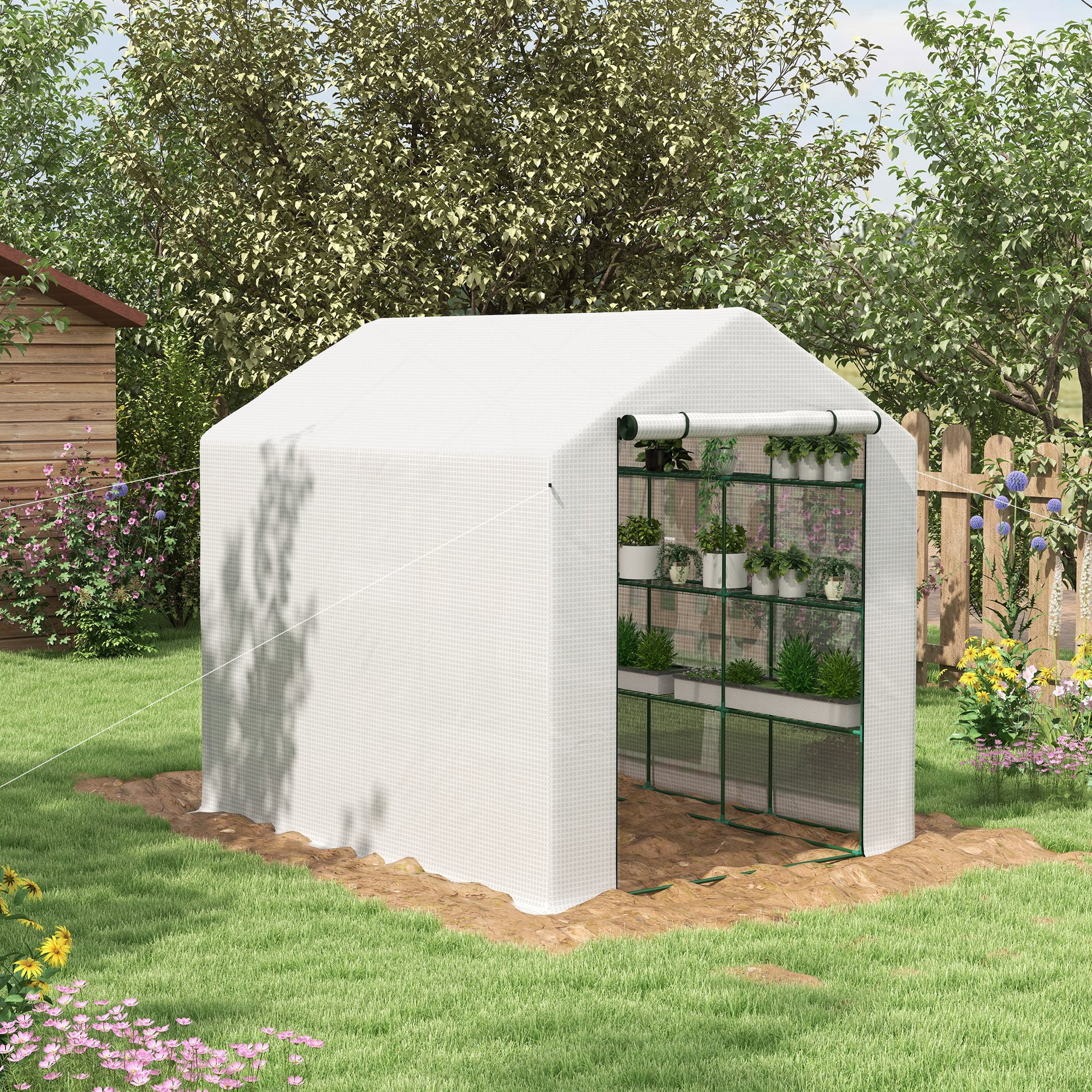 Outsunny Walk-in Greenhouse with Roll-up Zipper Door, 18 Shelves, PE Cover, Small & Portable Build, Humidity Seal, 95.25" x 70.75" x 82.75", White