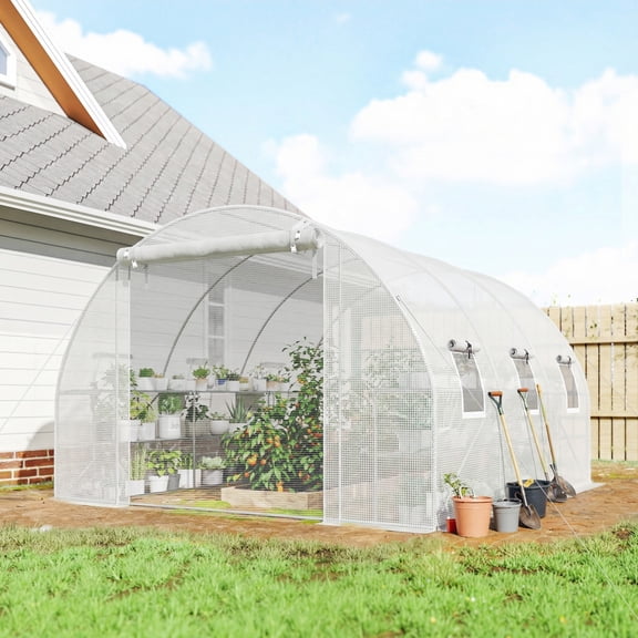 Outsunny Walk-in Tunnel Greenhouse with Shelves, Hoop House Greenhouse with Mesh Door, White