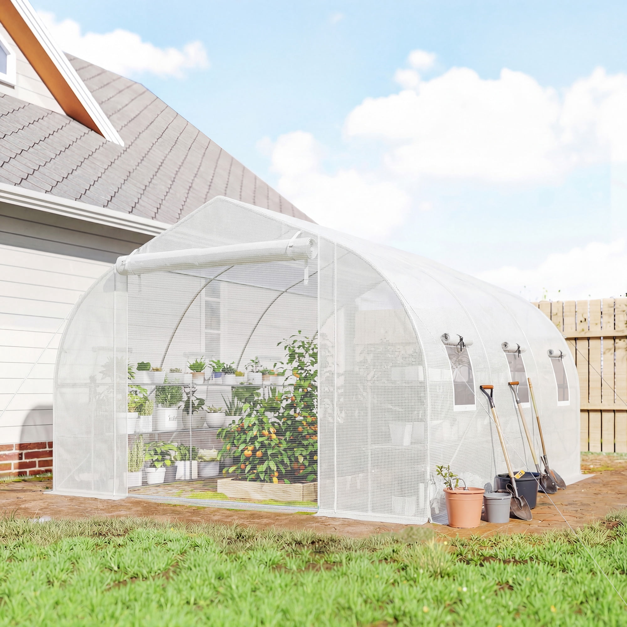 Outsunny Walk-in Tunnel Greenhouse with Shelves, Plant Hot House with Mesh Door, White
