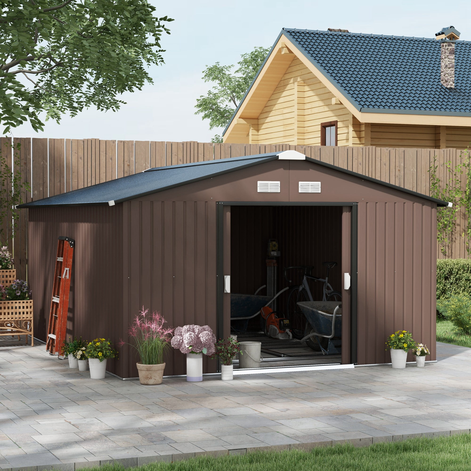 Outsunny 11'x13' Garden Storage Shed, Tool House w/ Vents, Doors