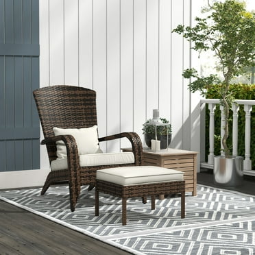 Outsunny Wicker Adirondack Chair Fire Pit Chair w/ Ottoman & Cushions, White