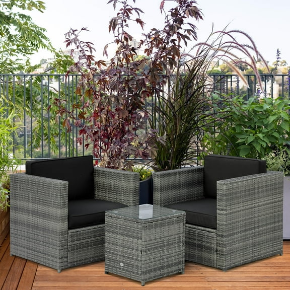 Outsunny Wicker Bistro Patio Set, 2 Porch Chairs & Glass Table, Black