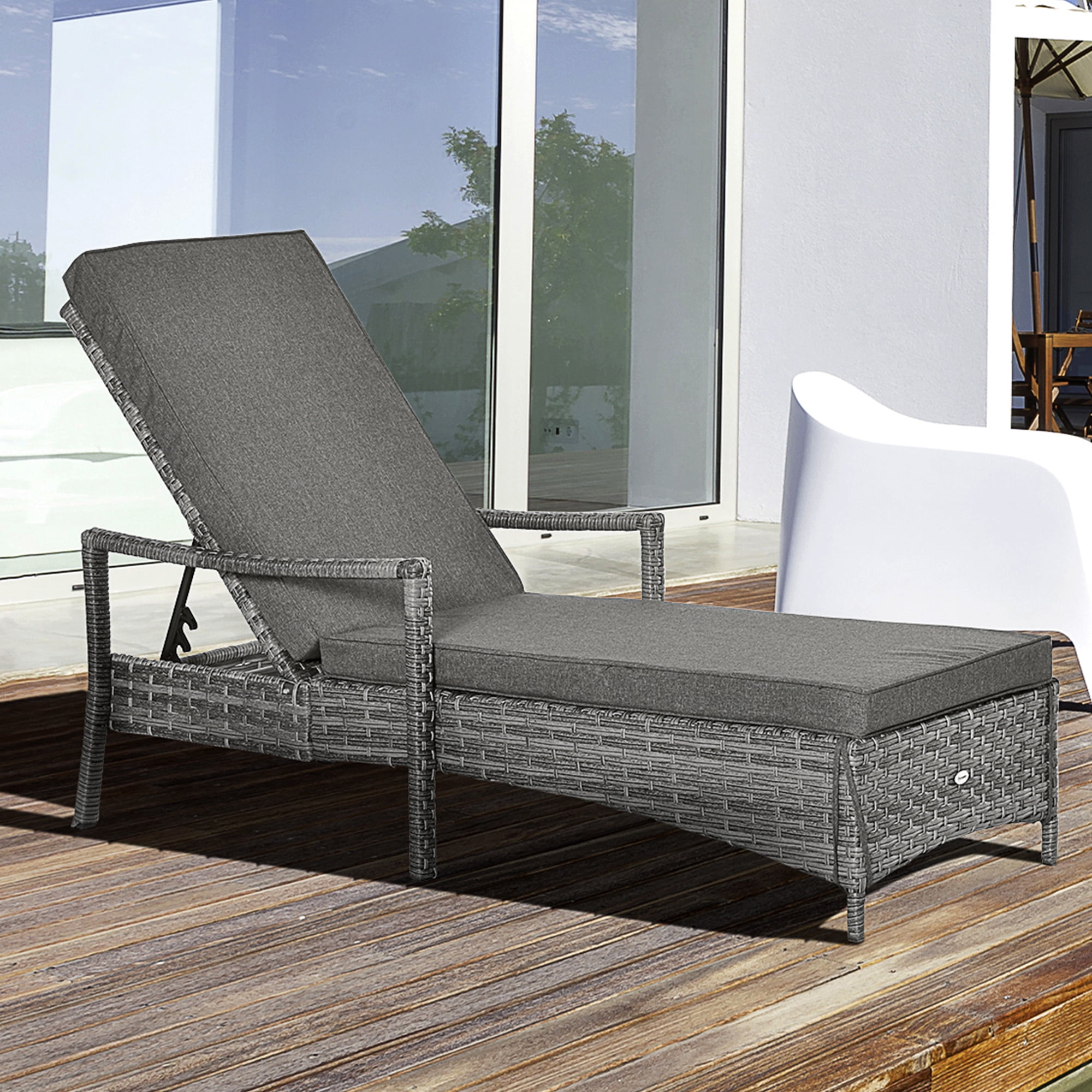 Outsunny Wicker Chaise Lounge 4 Position Adjustable Backrest and Cushions Outdoor Lounge Chair PE Rattan Sun Lounger for Poolside Balcony or Garden