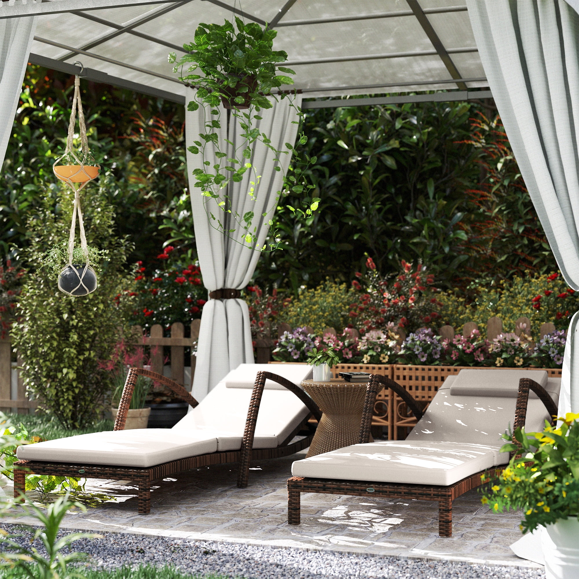 Beige Wicker Outdoor Chaise Lounge with Cushions and Wheels
