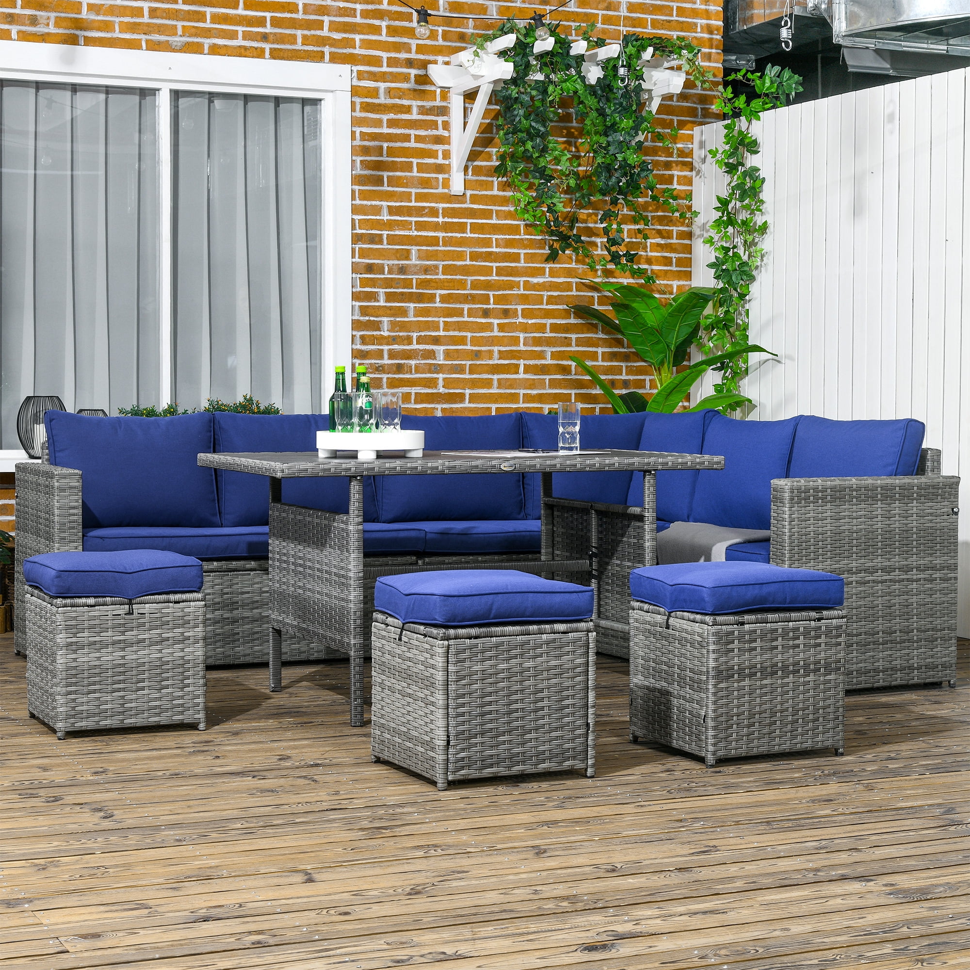 Outsunny 7-Piece Gray Wicker Patio Set with Blue Cushions