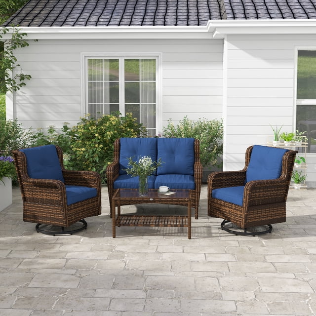 Outsunny Wicker Furniture Set w/ 360° Swivel Rocking Chairs, Dark Blue