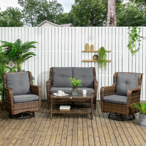 Outsunny Wicker Furniture Set w/ 360° Swivel Rocking Chairs, Gray