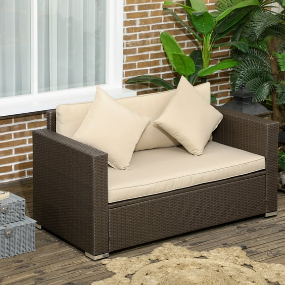 Outsunny Outdoor Wicker Loveseat, Patio Furniture Couch with Cushions, 2 Seats PE Rattan Sofa, 2 Throw Pillows for Porch, Backyard, Pool, Beige