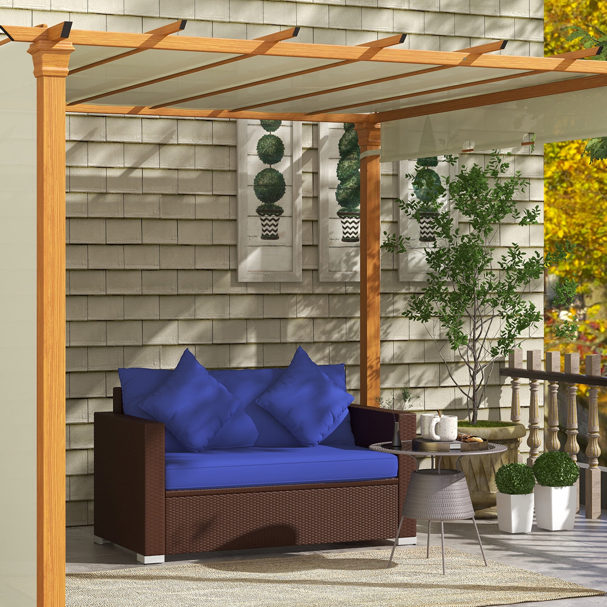Outsunny Brown Wicker Loveseat with Dark Blue Cushions