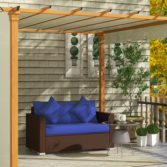 Outsunny Outdoor Wicker Loveseat, Patio Furniture Couch with Cushions, 2 Seat PE Rattan Sofa, 2 Throw Pillows for Porch, Backyard, Pool, Blue