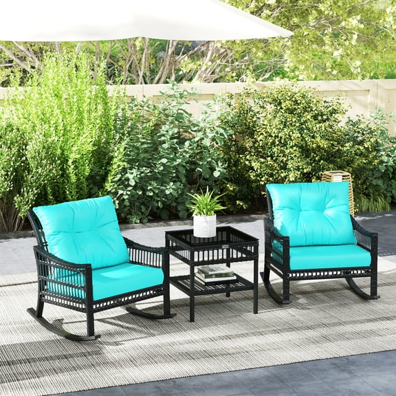 Outsunny Wicker Outdoor Rocking Chair Set, 3 Piece Patio Furniture Set with Padded Cushions and Storage Table, 2-Seater Rattan Bistro Set, Turquoise