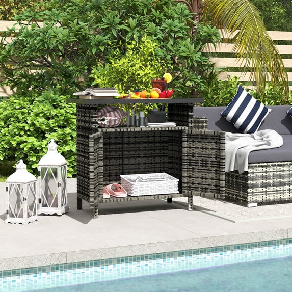 Outsunny Wicker Outdoor Storage Cabinet, Rattan Outdoor Buffet Cabinet Sideboard with Two Doors, Shelf, Metal Top for Pool, Garden, Porch, Mixed Gray
