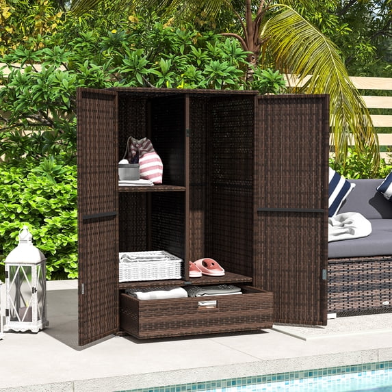 Outsunny Wicker Outdoor Storage Cabinet with Shelves, 2-Door Rattan Pool Towel Storage Cabinet with Removable Shelf & Drawer, Mixed Brown