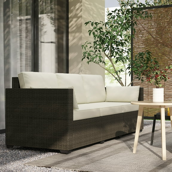 Outsunny Wicker Patio Couch, PE Rattan 3-Seat Sofa, Outdoor Furniture with Deep Seating, Cushions, Steel Frame, Cream White