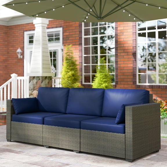 Outsunny Wicker Patio Couch, PE Rattan 3-Seat Sofa, Outdoor Furniture with Deep Seating, Cushions, Steel Frame, Navy Blue