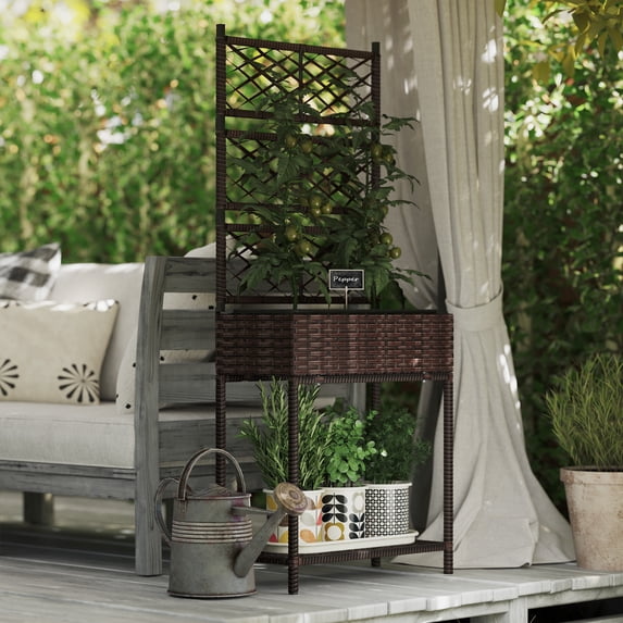 Outsunny Wicker Planter with Trellis for Climbing Plants, Freestanding Rattan Planter with Storage Shelf for Garden, Balcony, Brown