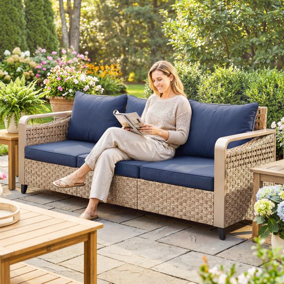 Outsunny Wicker Rattan Sofa 3-Seater Outdoor Patio Sofa with Cushions for Garden Backyard Porch Dark Blue