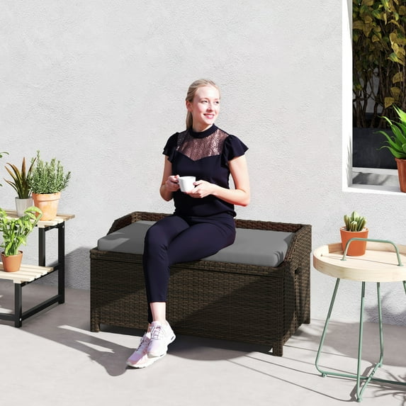 Outsunny Storage Bench Rattan Wicker Garden Deck Box Bin with Interior Waterproof Bag and Comfy Cushion, Gray