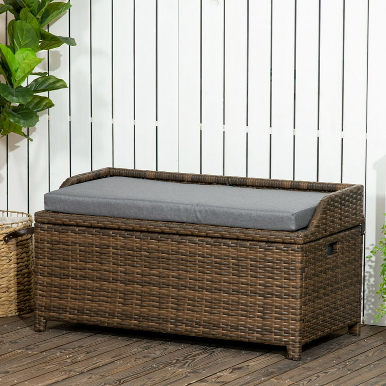Outsunny Outdoor Wicker Storage Bench Deck Box, Weatherproof, Pool