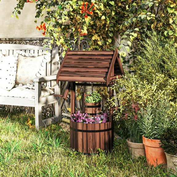 Outsunny Wishing Well for Outside, Wood Wishing Well Planter with Hanging Bucket, Decorative Planter with Drain Hole for Garden Patio, Carbonized