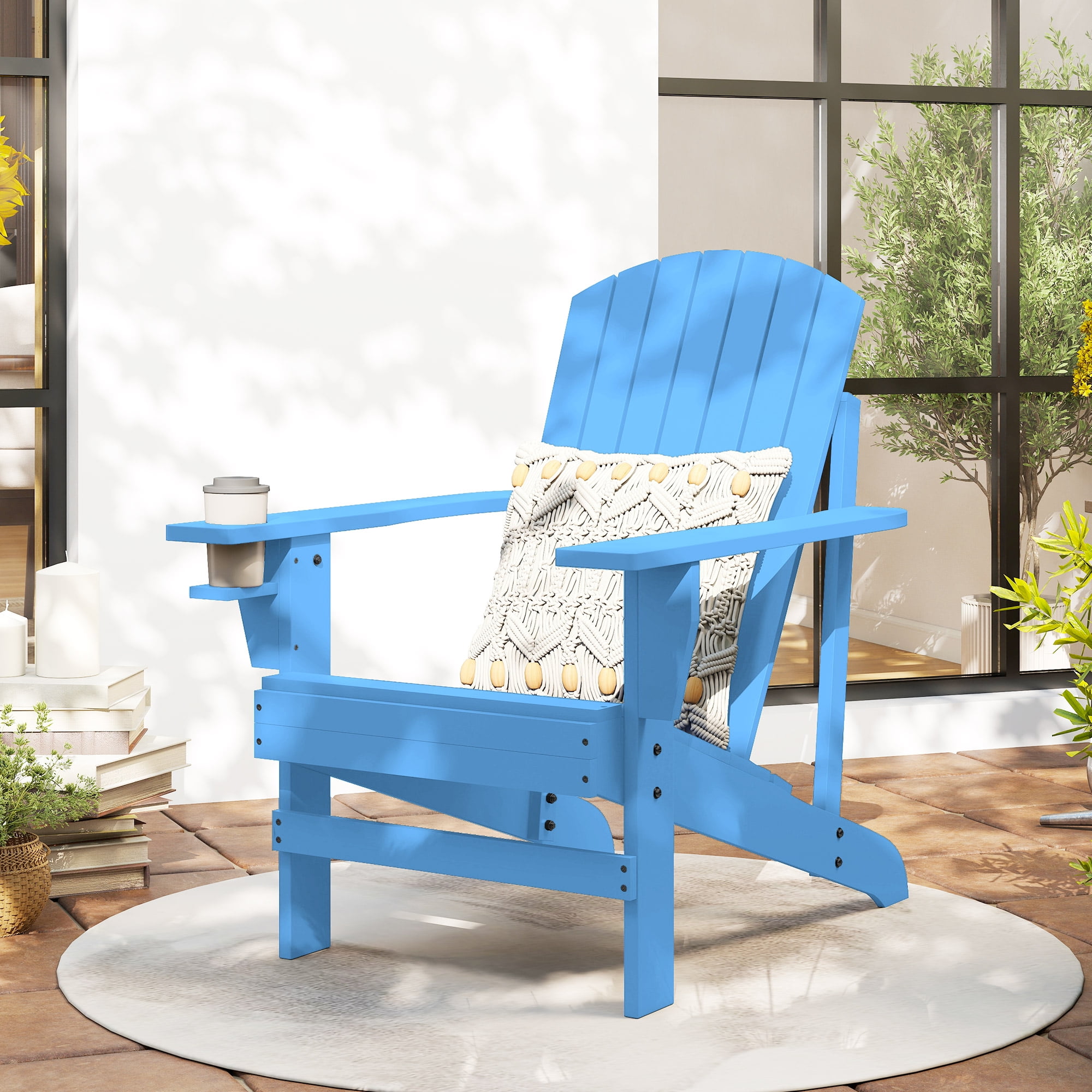 Outsunny Oversized Adirondack Chair, Outdoor Fire Pit and Porch Seating, Classic Log Lounge w/ Built-in Cupholder for Patio, Backyard, Blue